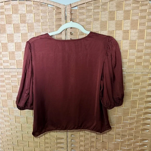 ARITZIA Wilfred Red Puff Sleeve Pearl Button Blouse - Picture 3 of 3